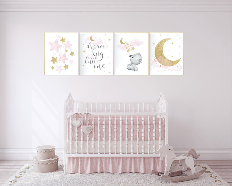 Nursery decor girl pink gold, bear nursery, pink and gold nursery art, cloud and stars, dream big little one, teddy bear, set of 4 prints