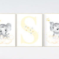 Nursery decor neutral, Yellow nursery, nursery wall art elephant, moon, stars, gender neutral, yellow and gray nursery art, baby room art