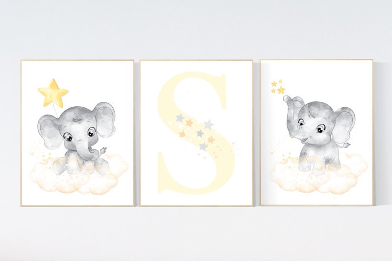 Nursery decor neutral, Yellow nursery, nursery wall art elephant, moon, stars, gender neutral, yellow and gray nursery art, baby room art