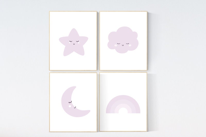 Nursery prints rainbow, Nursery decor girl purple, lilac nursery, nursery wall art girl, moon star, cloud, rainbow nursery, lavender, lilac