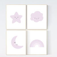 Nursery prints rainbow, Nursery decor girl purple, lilac nursery, nursery wall art girl, moon star, cloud, rainbow nursery, lavender, lilac