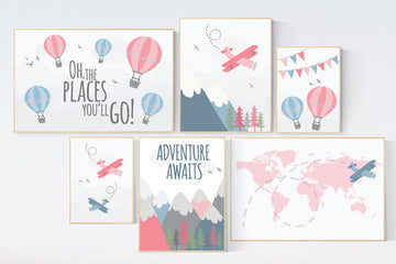 Nursery decor girl adventure, adventure awaits, girl nursery decor, nursery prints mountain, mountain wall art, travel themed nursery girl