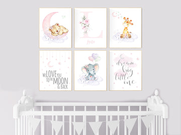 Nursery decor floral jungle, nursery decor animals, Nursery wall art girl elephant, giraffe, bear, pink, purple, girl nursery wall decor
