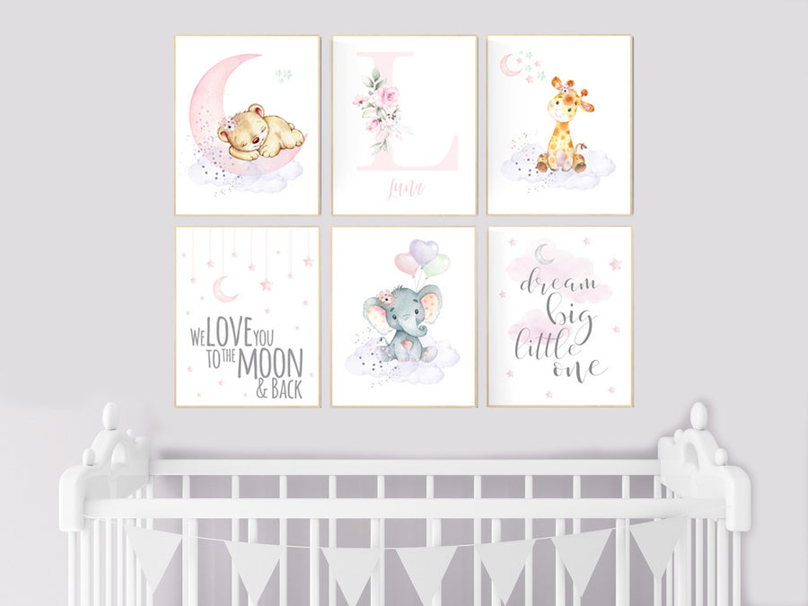 Nursery decor floral jungle, nursery decor animals, Nursery wall art girl elephant, giraffe, bear, pink, purple, girl nursery wall decor