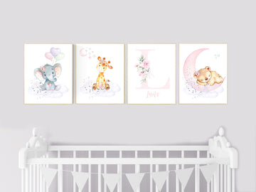 Nursery decor floral jungle, nursery decor animals, Nursery wall art girl elephant, giraffe, bear, pink, purple, girl nursery wall decor