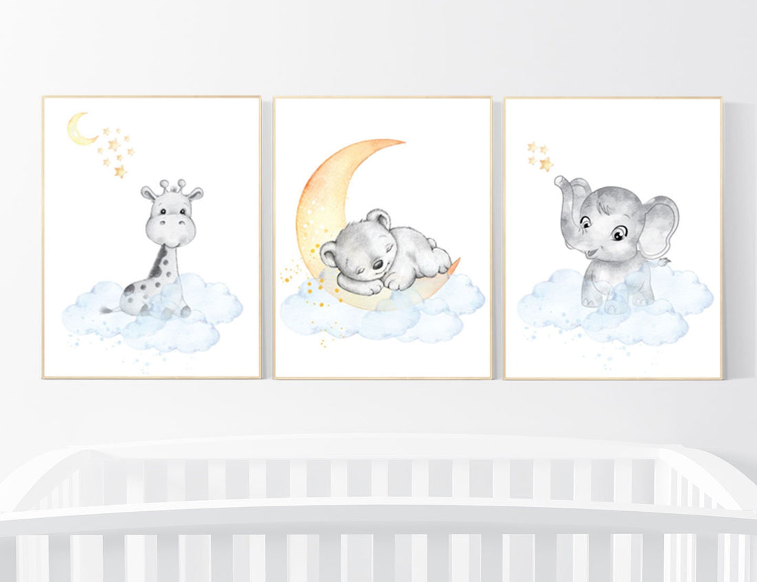 Nursery prints animals, nursery decor animals, gender neutral nursery ideas, yellow blue, elephant and giraffe, bear, twin nursery, woodland