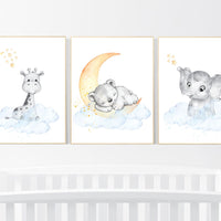 Nursery prints animals, nursery decor animals, gender neutral nursery ideas, yellow blue, elephant and giraffe, bear, twin nursery, woodland