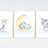 Nursery prints animals, nursery decor animals, gender neutral nursery ideas, yellow blue, elephant and giraffe, bear, twin nursery, woodland