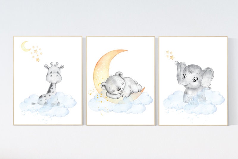 Nursery prints animals, nursery decor animals, gender neutral nursery ideas, yellow blue, elephant and giraffe, bear, twin nursery, woodland