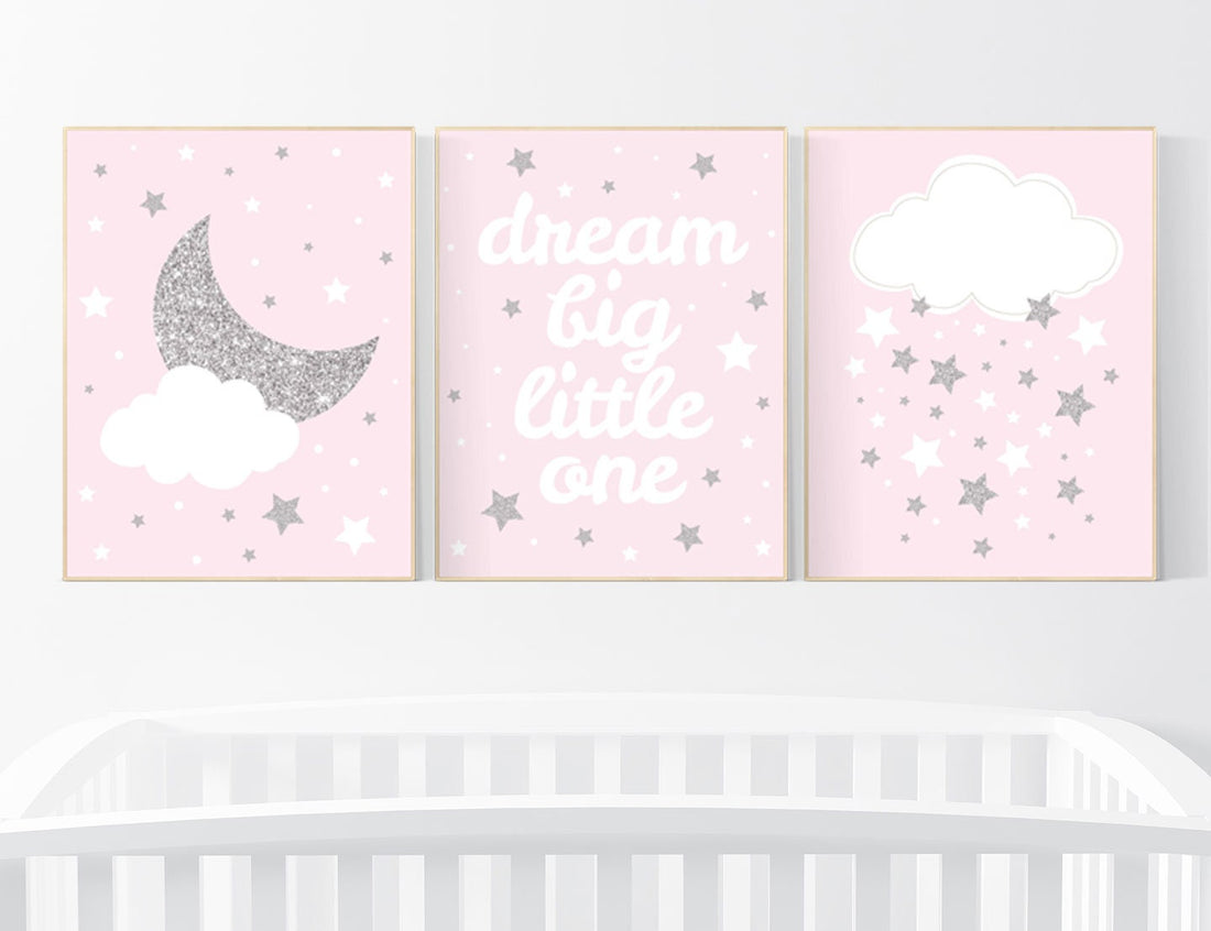Pink silver nursery decor, nursery wall art girl, pink and silver nursery art, cloud and stars, baby room prints, baby room art girl