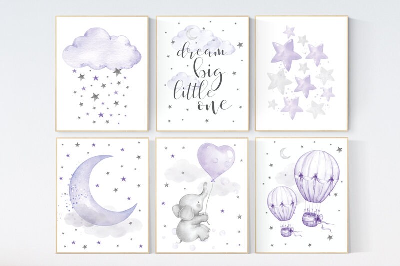 Nursery decor girl purple , elephant nursery, lilac, hot air balloon, animal nursery, lavender nursery, moon, cloud, stars nursery