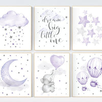 Nursery decor girl purple , elephant nursery, lilac, hot air balloon, animal nursery, lavender nursery, moon, cloud, stars nursery