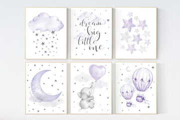 Nursery decor girl purple , elephant nursery, lilac, hot air balloon, animal nursery, lavender nursery, moon, cloud, stars nursery