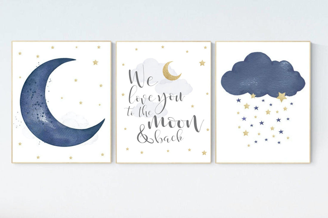 Navy nursery decor, cloud and stars, moon and stars, navy gold nursery art. baby room wall art, boy nursery decor, set of 3, nursery art