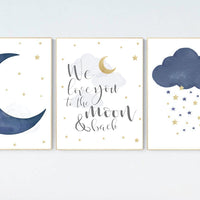 Navy nursery decor, cloud and stars, moon and stars, navy gold nursery art. baby room wall art, boy nursery decor, set of 3, nursery art