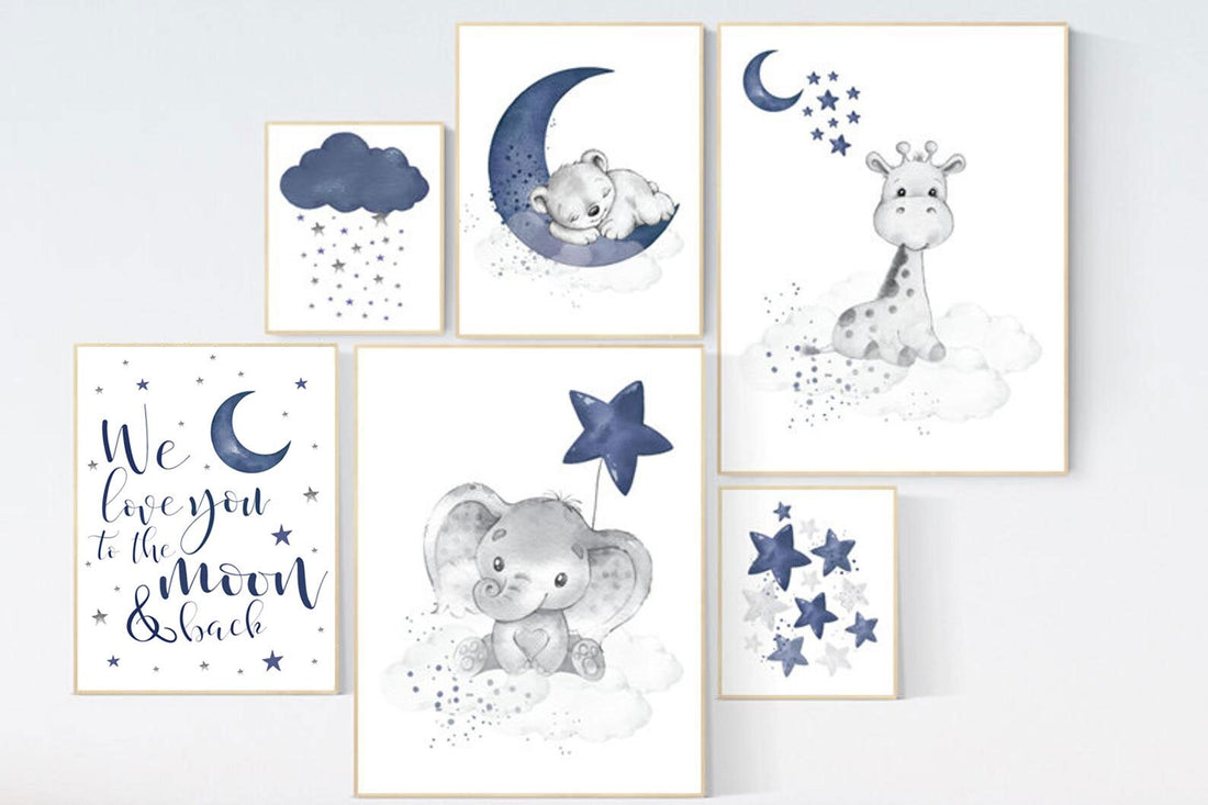 Animal nursery wall art, elephant, giraffe, bear, boy nursery decor, navy nursery, boy nursery wall art, we love you to the moon and back