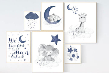 Animal nursery wall art, elephant, giraffe, bear, boy nursery decor, navy nursery, boy nursery wall art, we love you to the moon and back