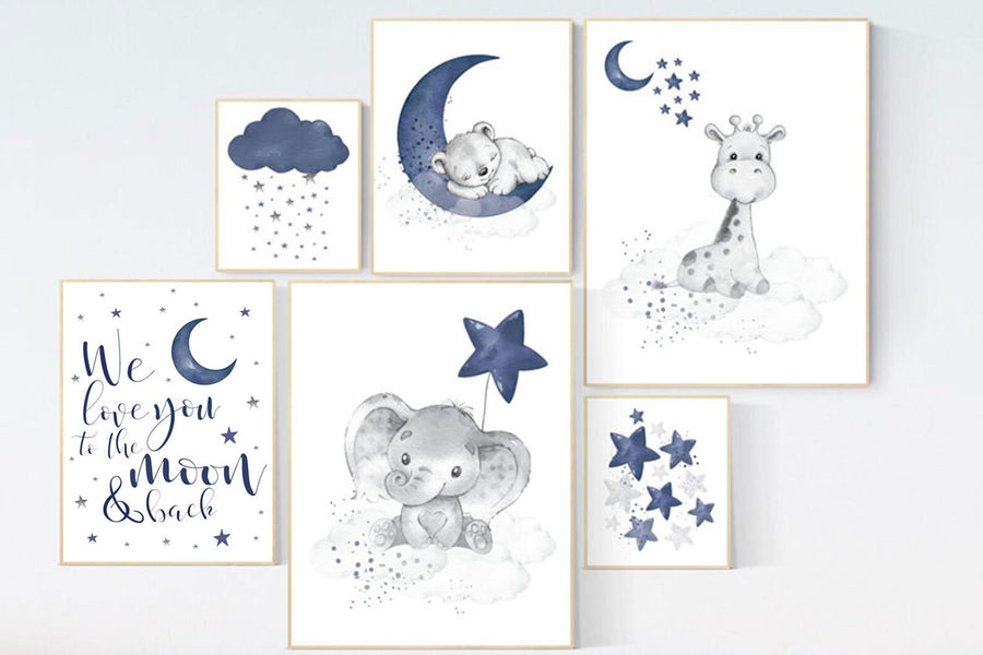 Animal nursery wall art, elephant, giraffe, bear, boy nursery decor, navy nursery, boy nursery wall art, we love you to the moon and back