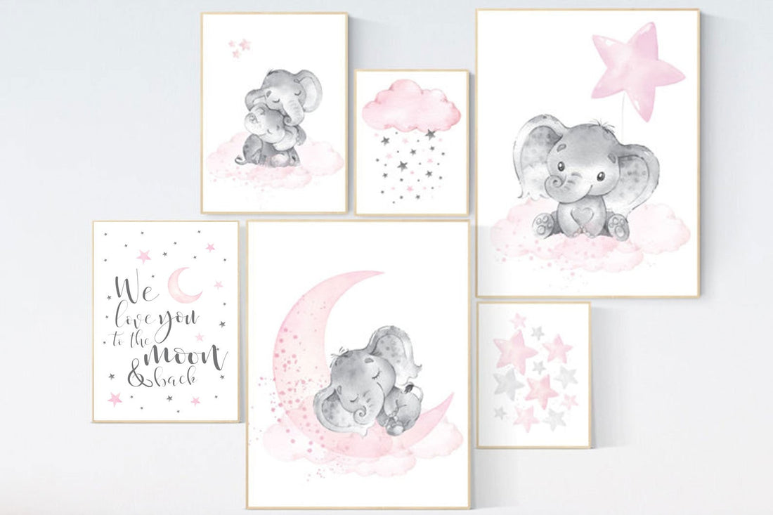 Elephant nursery wall art girl, pink grey, nursery decor girl pink, we love you to the moon and back, girl nursery ideas, animal prints