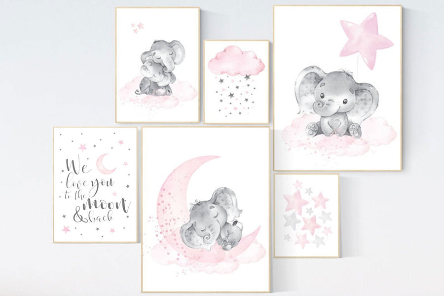 Elephant nursery wall art girl, pink grey, nursery decor girl pink, we love you to the moon and back, girl nursery ideas, animal prints