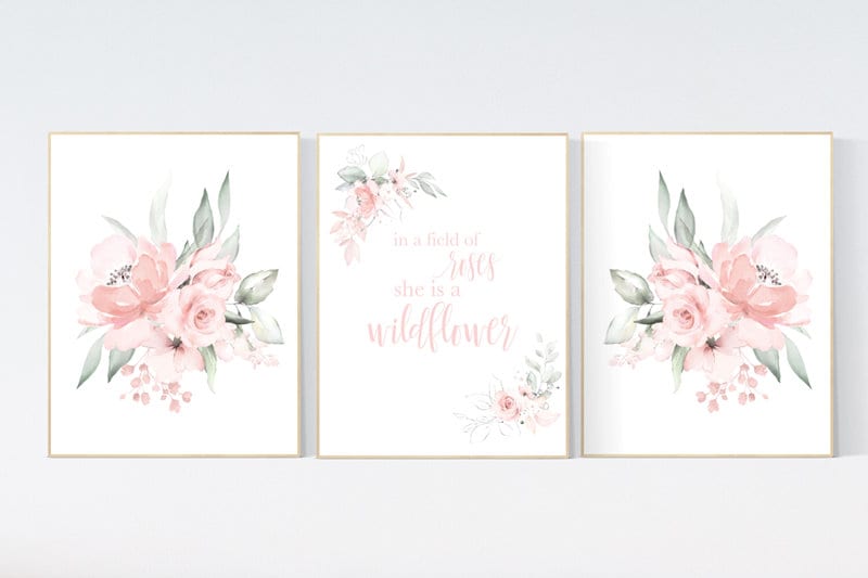 In a field of roses she is a wildflower, Nursery decor girl blush, nursery decor girl floral, peach nursery decor flower nursery,