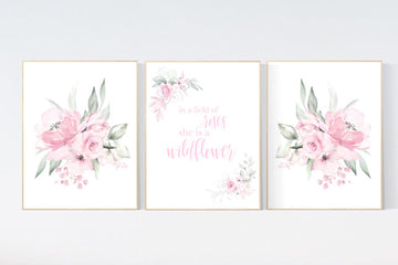 Nursery decor girl pink roses, nursery decor flower, nursery decor girl floral, flower nursery, In a field of roses she is a wildflower