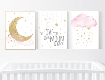 Nursery wall art girl , gold and pink, cloud, moon, stars, girl nursery ideas, nursery wall art, we love you to the moon and back,