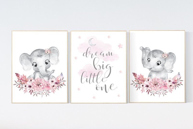 Nursery wall art elephant, flower nursery decor girl, nursery decor girl floral, Boho baby room, pink nursery decor, flower baby room