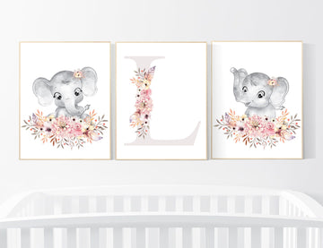 Nursery decor girl boho, elephant nursery wall art, nursery decor girl floral, nursery decor girl woodland, floral nursery, boho nursery