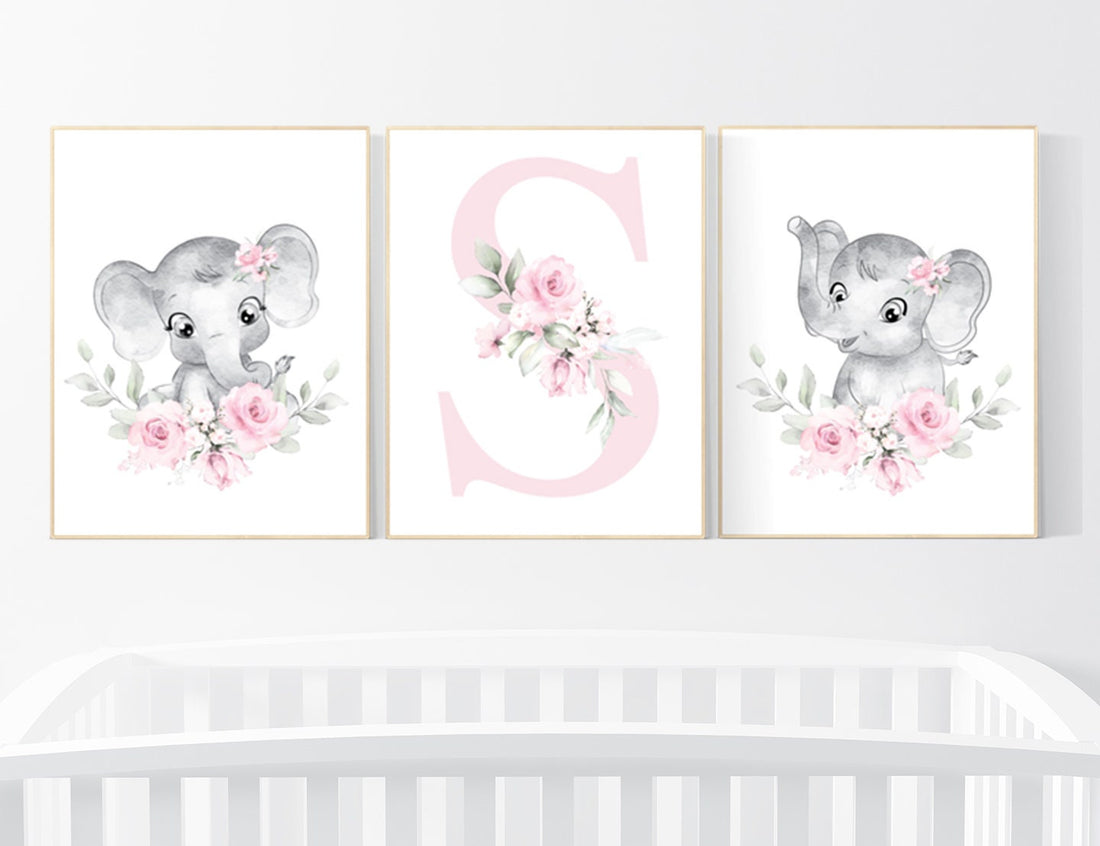 Elephant Nursery Print: Pink Floral Boho Baby Room Decor