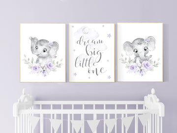 Purple nursery, Boho baby room, nursery wall art elephant, nursery decor girl, nursery decor girl floral, lilac nursery decor, lavender