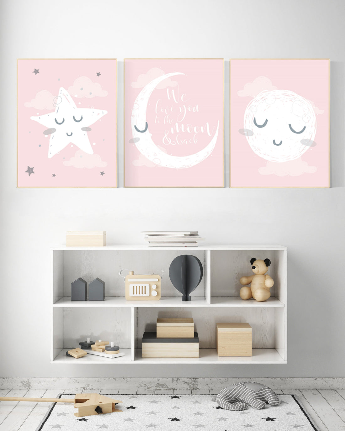 Nursery decor girl, nursery wall art pink and grey, moon star, cloud, nursery wall art girl, girl nursery print, nursery decor girl print