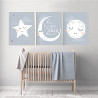 Nursery wall art grey, gray nursery, nursery decor neutral, baby room decor gender neutral, moon and stars, grey nursery decor baby room art