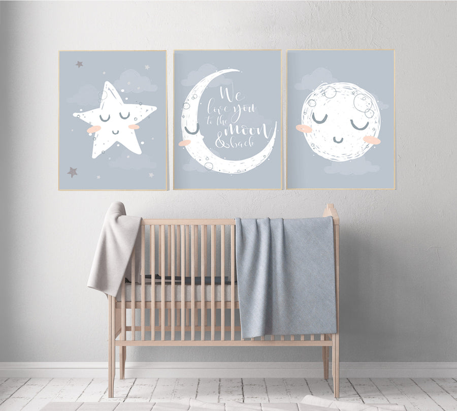 Nursery wall art grey, gray nursery, nursery decor neutral, baby room decor gender neutral, moon and stars, grey nursery decor baby room art