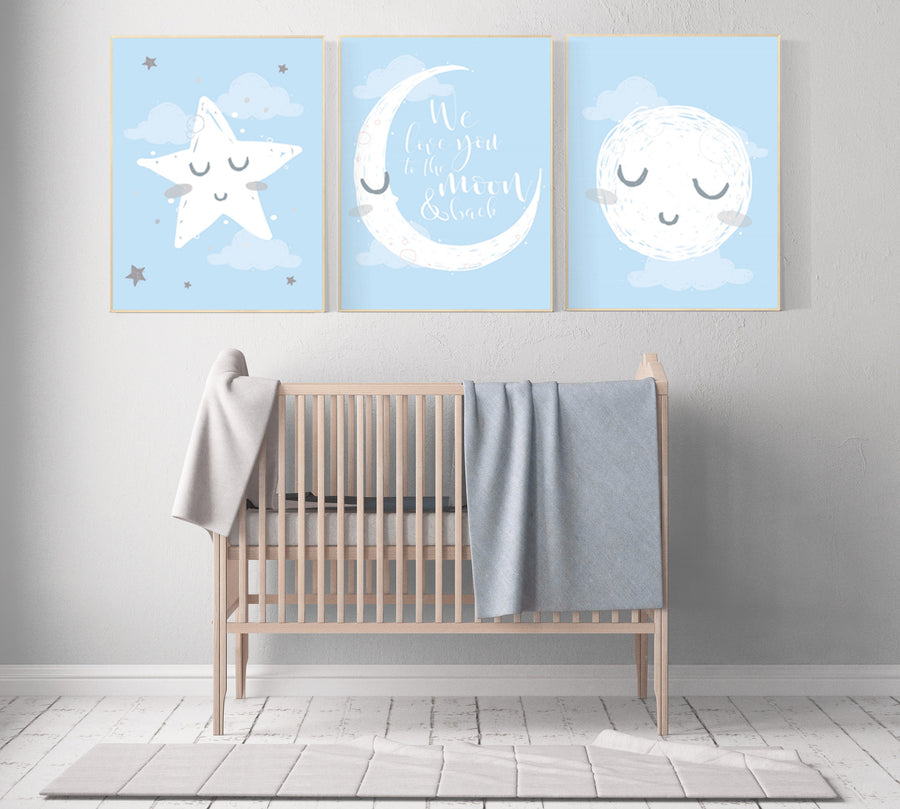 Nursery wall art blue and grey, blue gray nursery, nursery decor boy, baby room decor, moon and stars, boys room decor, nursery prints