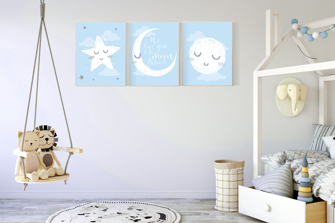 Nursery wall art blue and grey, blue gray nursery, nursery decor boy, baby room decor, moon and stars, boys room decor, nursery prints