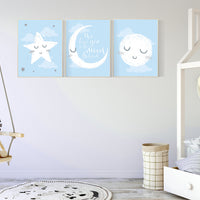 Nursery wall art blue and grey, blue gray nursery, nursery decor boy, baby room decor, moon and stars, boys room decor, nursery prints