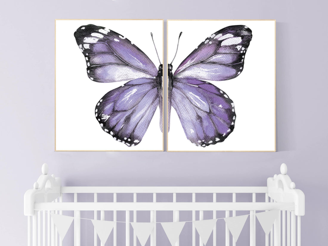 Nursery decor girl butterfly, nursery decor purple, nursery decor girl lilac, Butterfly Nursery Art, Girl Nursery Art, Butterfly 2 piece set