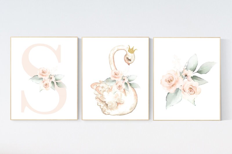 Nursery decor girl blush pink, swan nursery wall art, blush nursery, floral nursery, swan wall prints, flower nursery, swan nursery prints