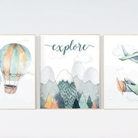 Nursery decor boy mountain, adventure nursery, travel theme nursery, woodland, gender neutral, explore, hot air balloon, plane, neutral