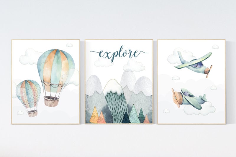 Nursery decor boy mountain, adventure nursery, travel theme nursery, woodland, gender neutral, explore, hot air balloon, plane, neutral