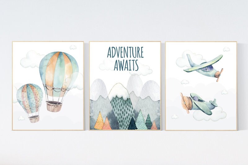 Nursery decor boy mountain, adventure nursery, travel theme nursery, woodland, gender neutral, adventure awaits, hot air balloon, plane