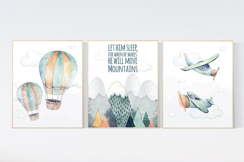 Nursery decor boy mountain, adventure nursery, travel theme nursery, woodland, gender neutral, let him sleep, hot air balloon, plane