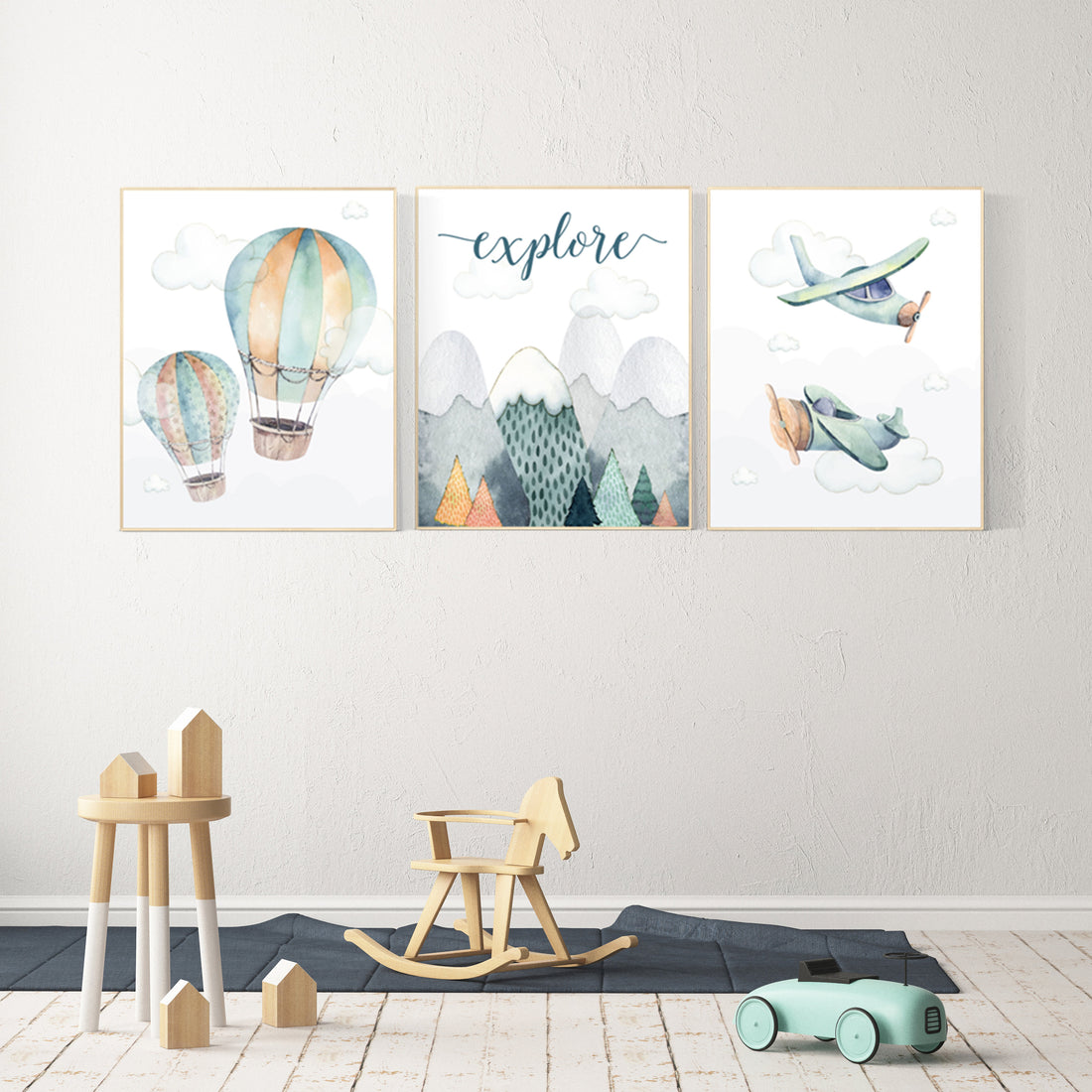 Nursery decor boy mountain, adventure nursery, travel theme nursery, woodland, gender neutral, explore, hot air balloon, plane, neutral