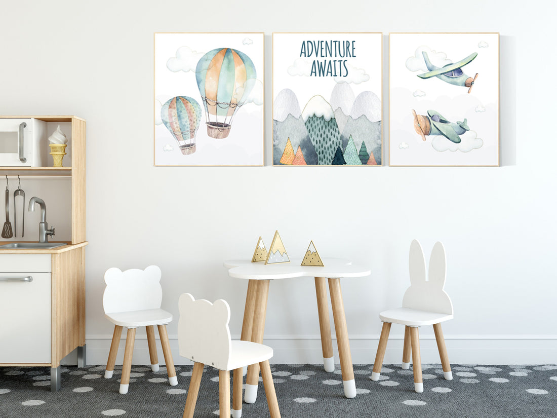 Nursery decor boy mountain, adventure nursery, travel theme nursery, woodland, gender neutral, adventure awaits, hot air balloon, plane