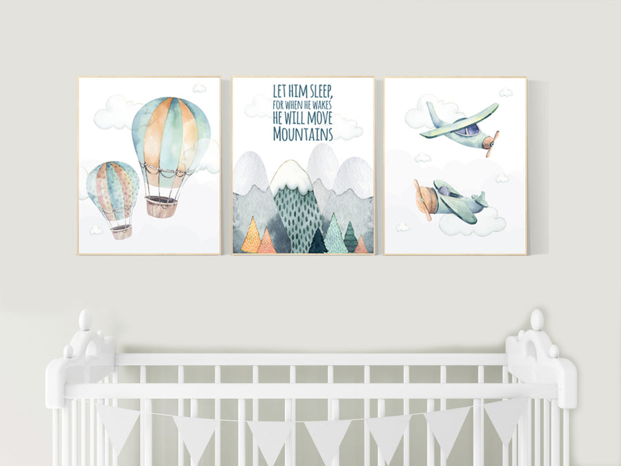 Nursery decor boy mountain, adventure nursery, travel theme nursery, woodland, gender neutral, let him sleep, hot air balloon, plane