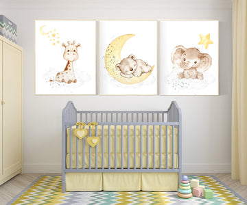 Nursery decor neutral, Yellow gray nursery, animal prints for nursery, elephant, giraffe, bear, moon, stars, gender neutral, yellow and gray