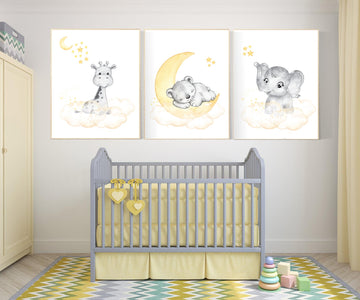 Yellow gray nursery, nursery wall art animals, Nursery decor neutral, elephant, giraffe, bear, moon, stars, gender neutral, yellow and gray