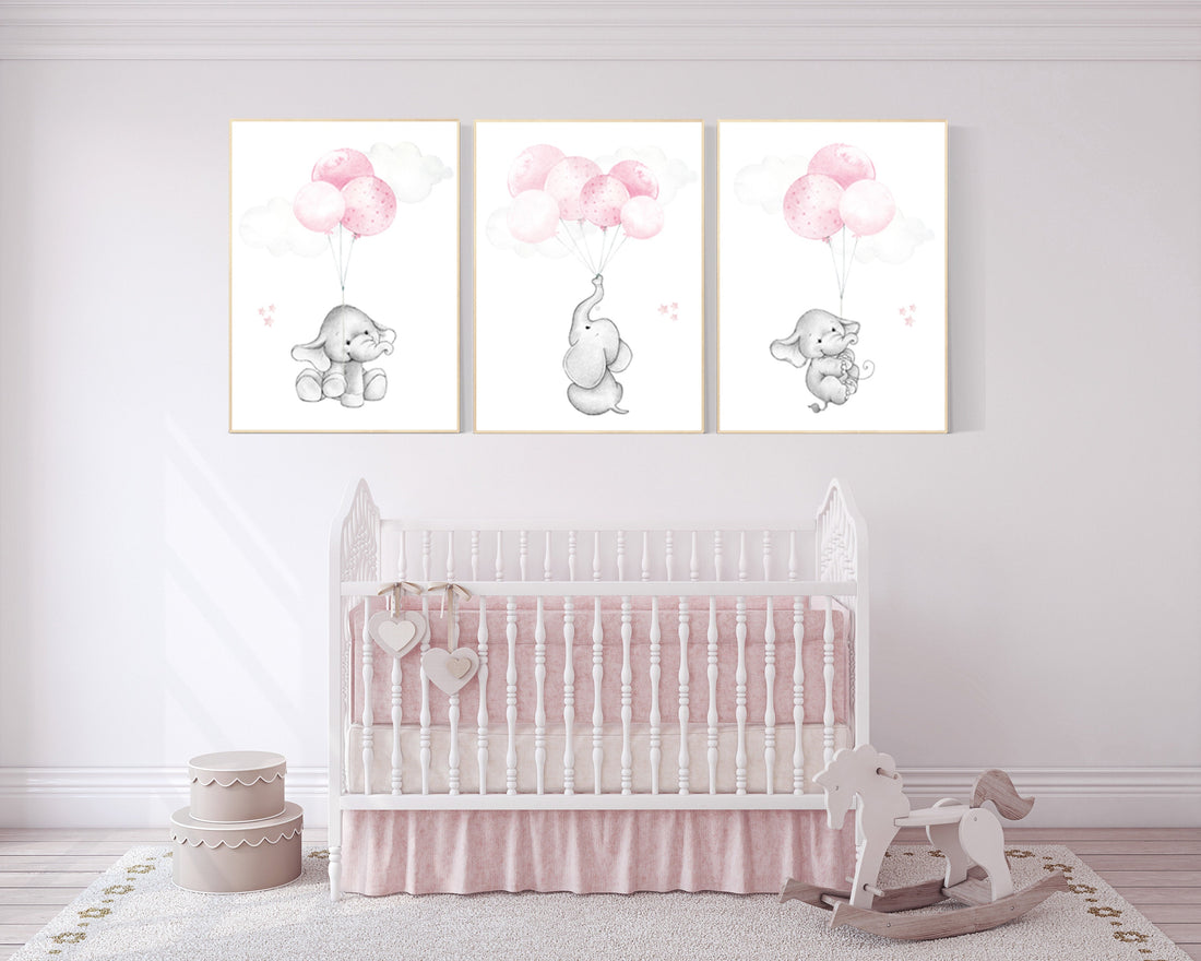 Nursery wall art girl, Nursery decor girl pink and gray, nursery wall art elephant, elephant nursery, nursery wall art animals, woodland.