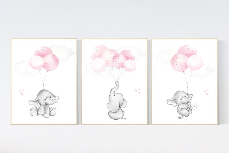 Nursery wall art girl, Nursery decor girl pink and gray, nursery wall art elephant, elephant nursery, nursery wall art animals, woodland.